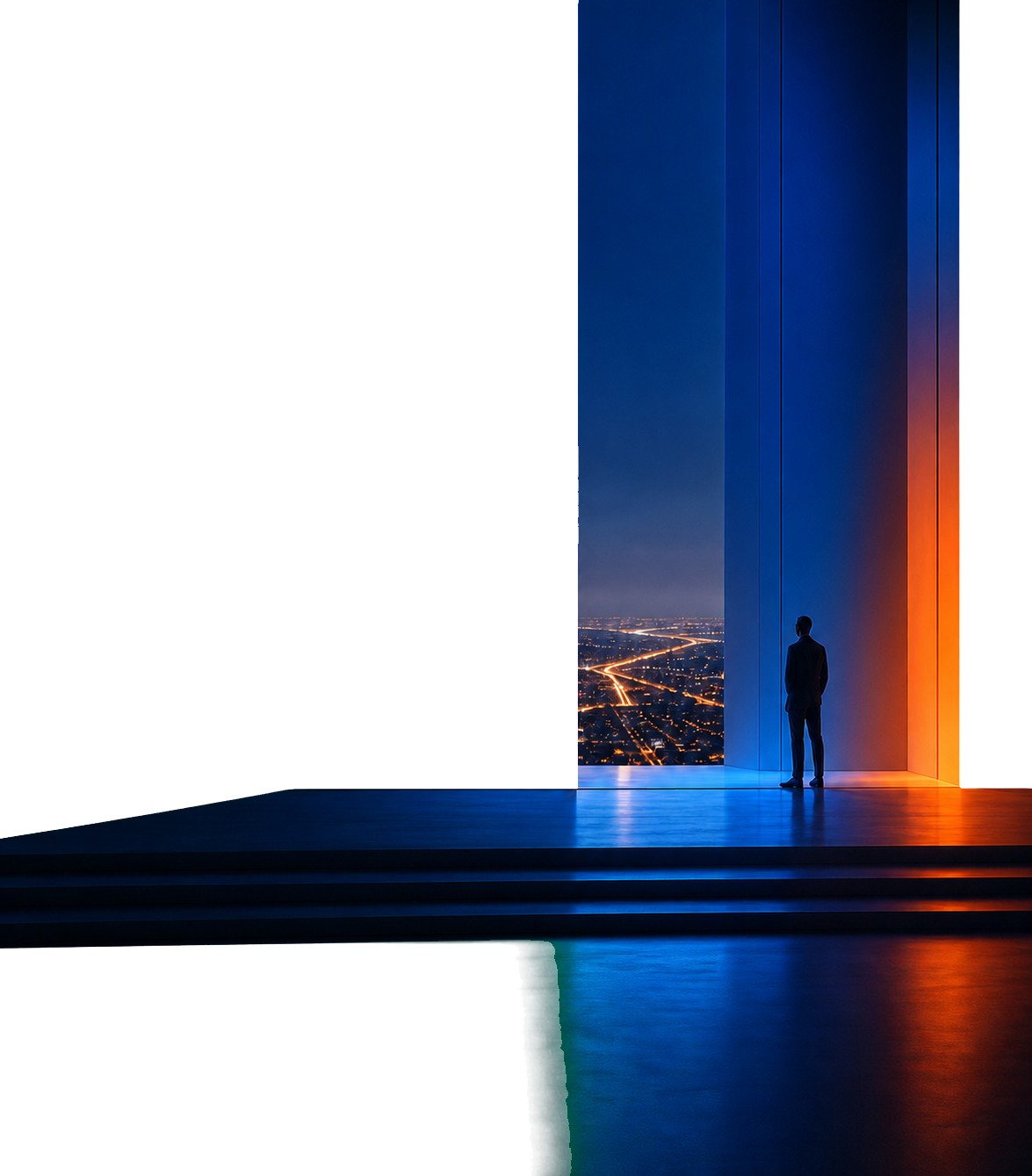 An illuminated architectural portal overlooking a city at night